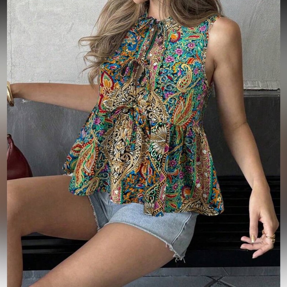 Paisley Floral Print Round Neck Drawstring Ruffle Trim Top Blouse Shirt